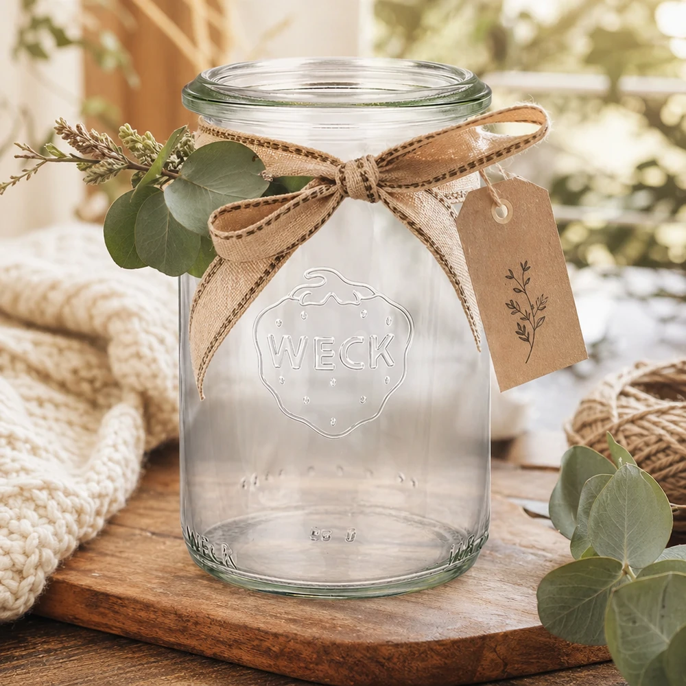 145ml válcová sklenice WECK RR40 s dřevěným dřívkem. WECK Zylinderglas 145ml RR40 mit Schleifenband und Anhänger rustikal dekoriert auf Holzbrett mit Eukalyptus