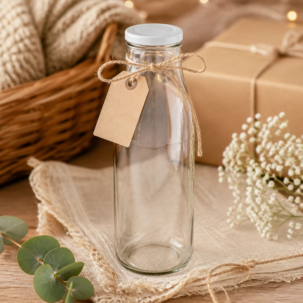 500ml skleněná láhev + víčko BasicSeal bílé UNiTWIST 500ml Glasflasche mit weißem Deckel dekorativ mit Juteschnur und Anhänger rustikales Geschenk-Design