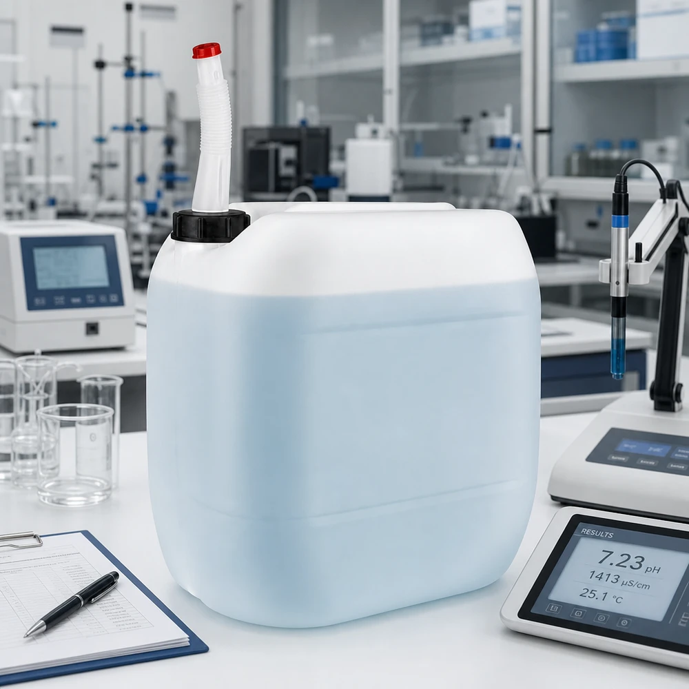 30 Liter Kanister mit Auslaufrohr für Laborchemikalien neben Messgeräten und Protokoll