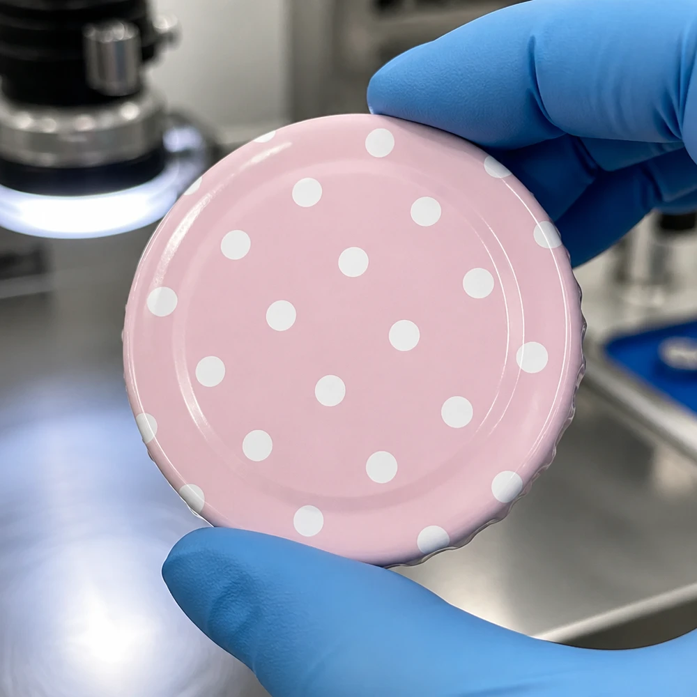Lesklé kovové víčko o průměru 58 mm s růžovými tečkami BasicSeal TO58 v laboratorních rukavicích při kontrole kvality