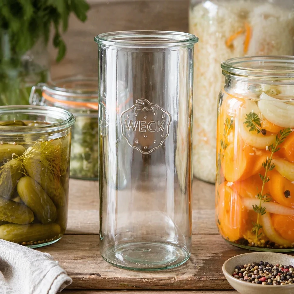 1500ml zavařovací sklenice WECK RR100 s dřevěným dřevem - 1500ml zavařovací sklenice s dřevěným dřevem WECK Sturzglas 1500ml RR100 leer neben gefüllten Einmachgläsern mit Gemüse und Gewürzen auf Holztisch