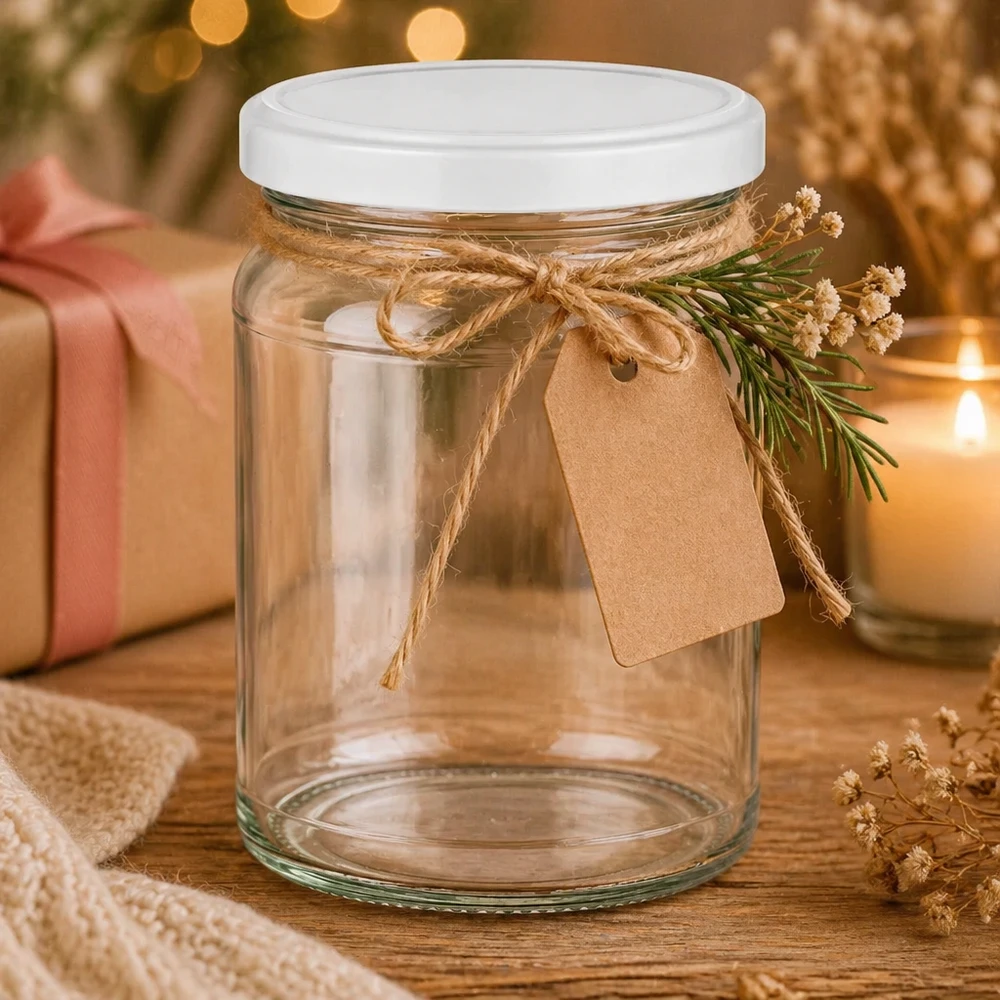 Kulatá sklenice 205 ml s víčkem BasicSeal bílá UNiTWIST 205ml Rundglas mit weißem Deckel als Geschenkverpackung dekoriert mit Juteschnur und Geschenkanhänger