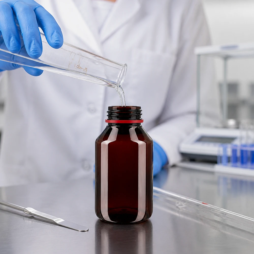 Laborant plní hnědou PET láhev s širokým hrdlem o objemu 50 ml s bílým uzávěrem a červeným ochranným kroužkem