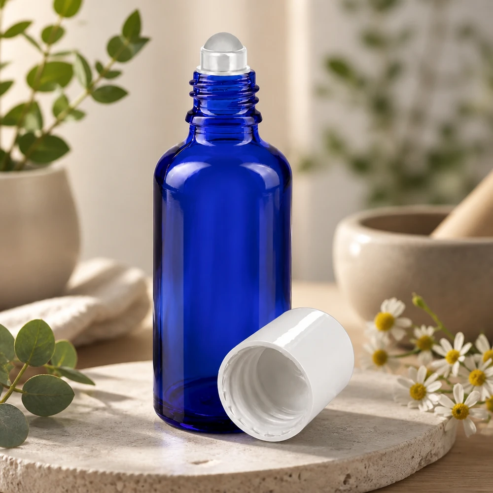 Lékárenská lahvička modrá 50ml roll-on uzávěr bílý Blaue 50ml Apothekerflasche mit Roll-On Verschluss neben Mörser und Kamillenblüten