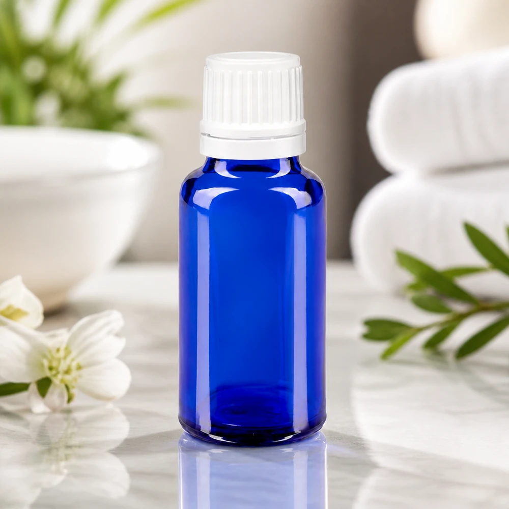 20ml Flakon aus blauem Borosilikatglas mit weißem Tropfverschluss für Aromatherapie und Heilkräuter
