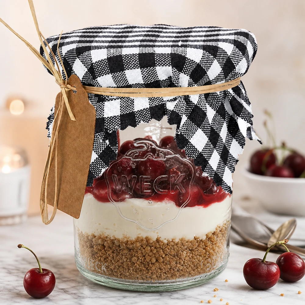 Látkový ubrousek na šperky kostkovaný černý 12cm čtvercový Vichy-Karo Stoffdeckchen schwarz-weiß auf Dessert-Weckglas mit Kirschen, dekorative Glasabdeckung 12cm eckig