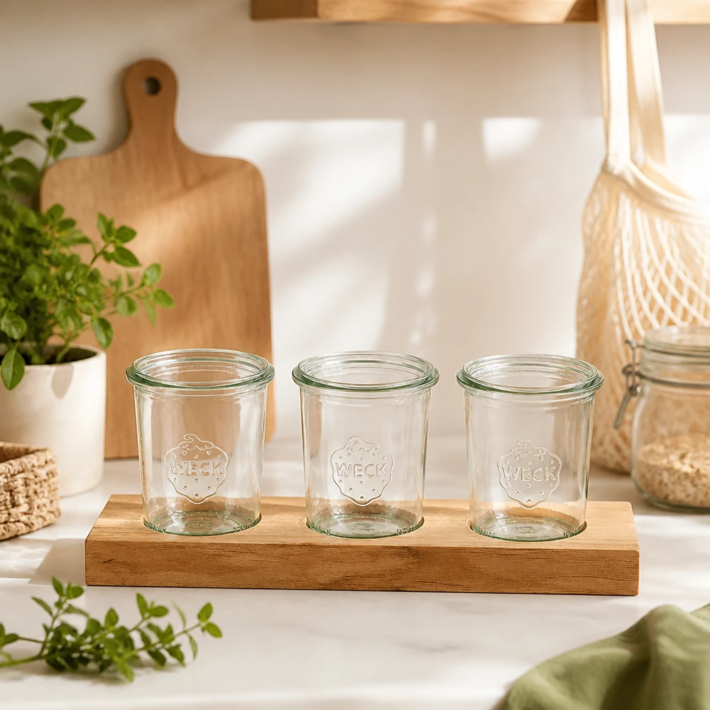 Servírovací prkénko Plano3 se 3 kelímky Weck 160 ml Drei leere Weck Sturzgläser 160ml auf Bambus-Servierbrett Plano3 in skandinavischer Kücheneinrichtung mit Pflanzen