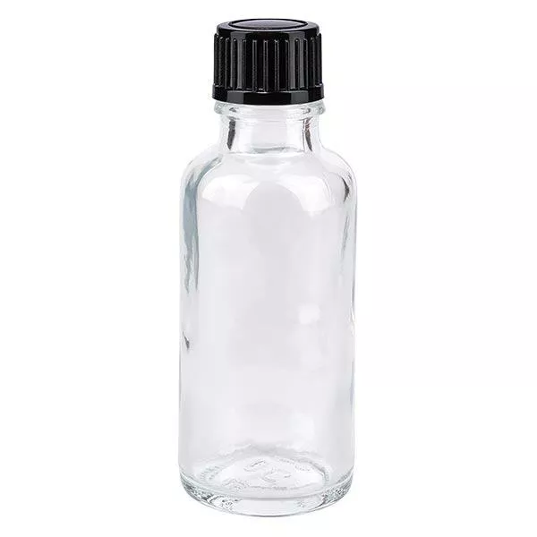Lékárenská lahvička čirá 30ml kapátko uzávěr 1mm černý standardní