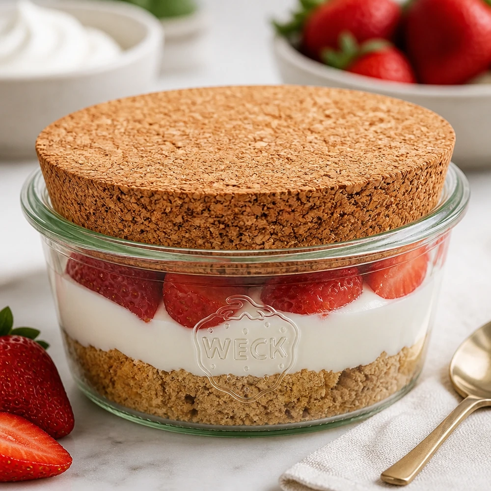 WECK Sturzglas 290ml RR100 mit Naturkorken als Schichtdessert-Glas für Tiramisu mit Erdbeeren gefüllt