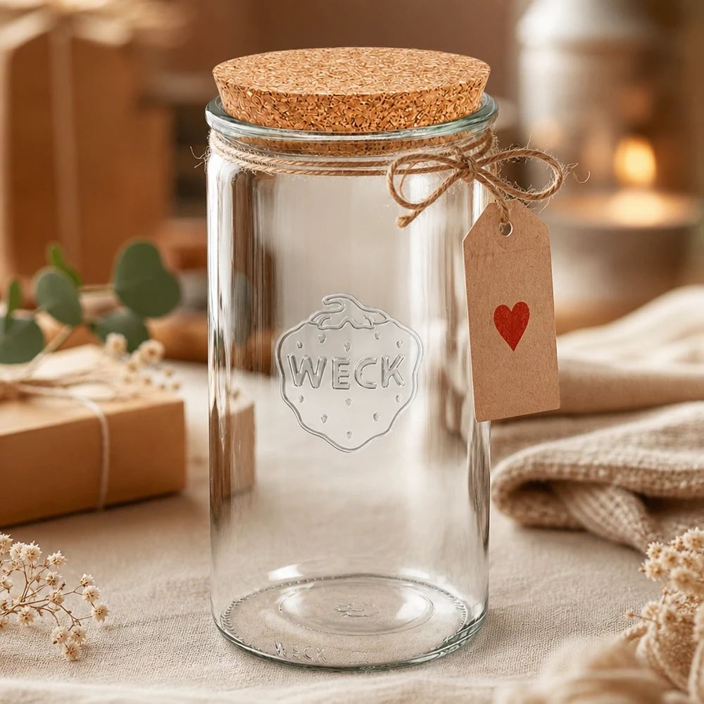 WECK Einmachglas 1590ml RR100 mit Korkdeckel und Geschenkanhänger dekorativ arrangiert mit Textilien und Blumen