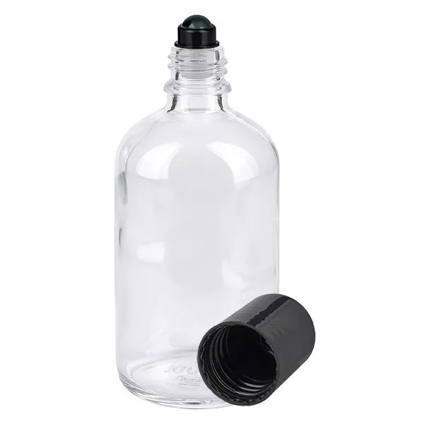 Lékárenská lahvička čirá 100ml roll-on uzávěr černý Lékárenská lahvička čirá 100ml roll-on uzávěr černý