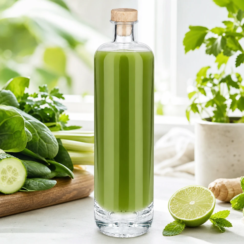 700ml Glasflasche "Eleganz" mit Holzgriffkorken UNiTWIST® 700ml Glasflasche Ella mit grünem Smoothie gefüllt und Holzkorken zwischen frischen Gurken Limetten und Kräutern