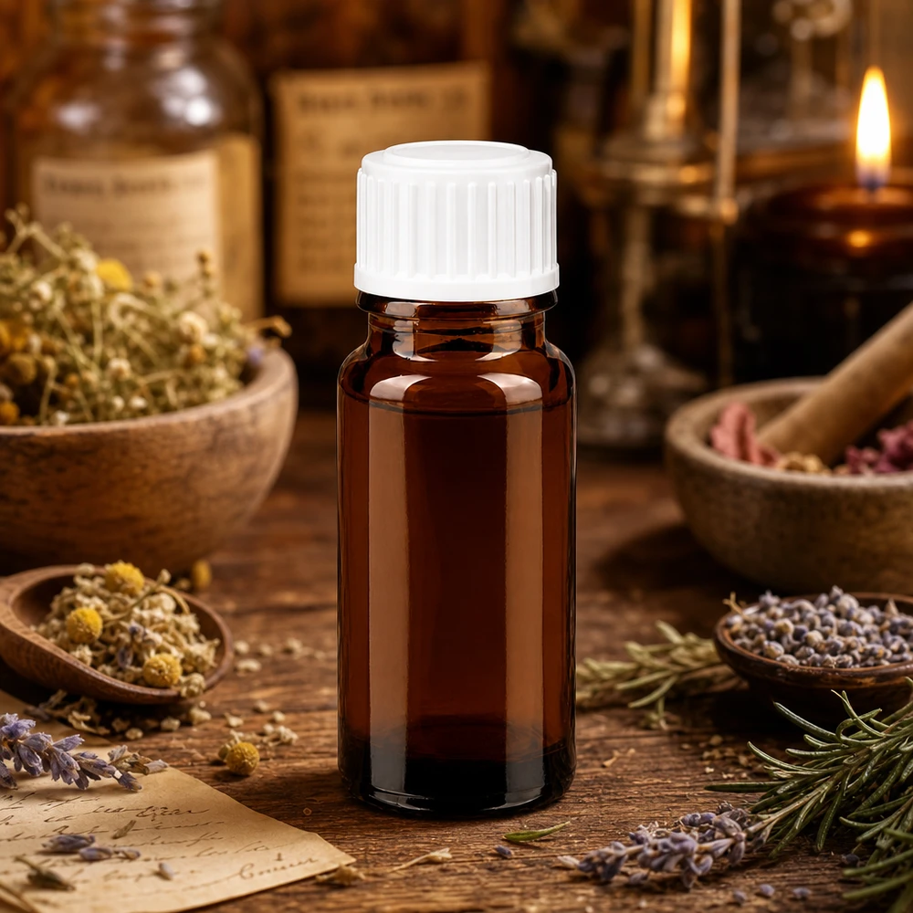 Lékárenská láhev hnědá 10ml šroubovací uzávěr bílý standardní Dunkle Glasflasche 10ml UV-Schutz weißer Deckel zwischen getrockneten Kräutern und Kerze