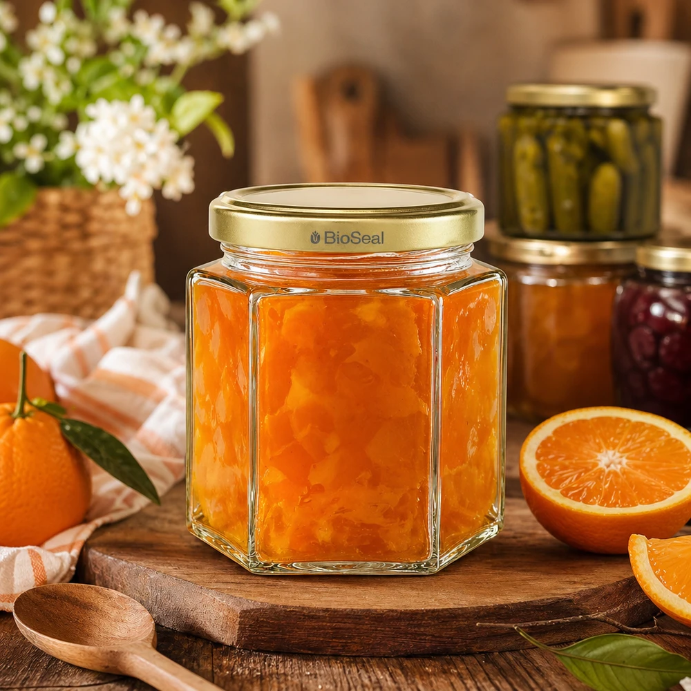 520g Honigglas mit goldenem Deckel BioSeal UNiTWIST BioSeal 520g Honigglas hexagonal mit Orangenmarmelade auf Holzbrett umgeben von frischen Orangen und Küchendeko