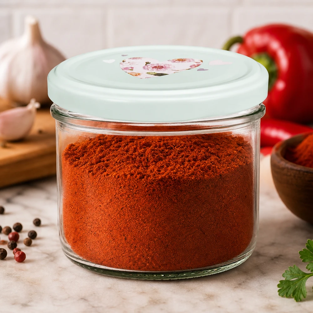 230ml cylindrická sklenice + víčko BasicSeal srdíčková máta 230ml Zylinderglas mit mint BasicSeal Deckel gefüllt mit Paprikapulver, ideal für Gewürzaufbewahrung in der Küche