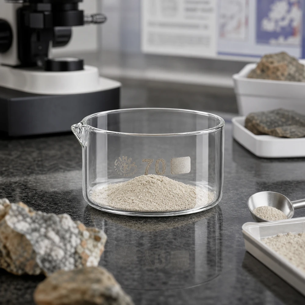 100ml krystalizační miska s výlevkou borosilikátová ø70mm Niedrige zylindrische Glasschale mit Ausguss und weißem Pulver in geowissenschaftlichem Labor