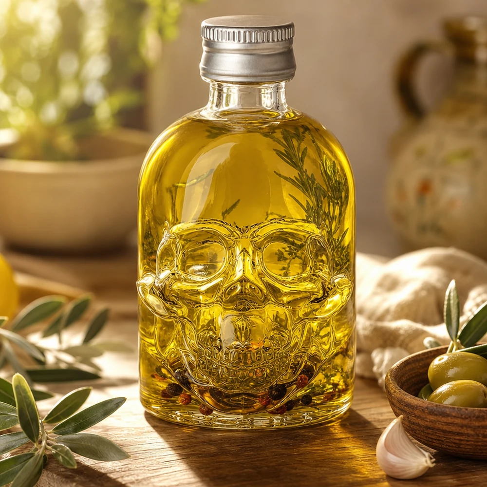 50ml Glasflasche Hector mit Olivenöl und Kräutern befüllt neben Oliven und Knoblauch in mediterraner Küche