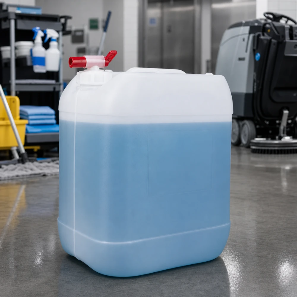 Kanystr o objemu 20 litrů s vypouštěcím kohoutem Quadratischer 20 Liter Kanister mit blauem Inhalt und Ablasshahn für den Profibereich