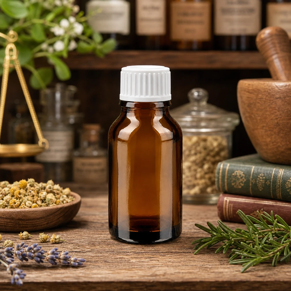 Lékárenská lahvička hnědá 15ml šroubovací uzávěr bílý standard. Tropfflasche braun 15ml mit Schraubverschluss weiß neben Kamillenblüten und goldener Waage