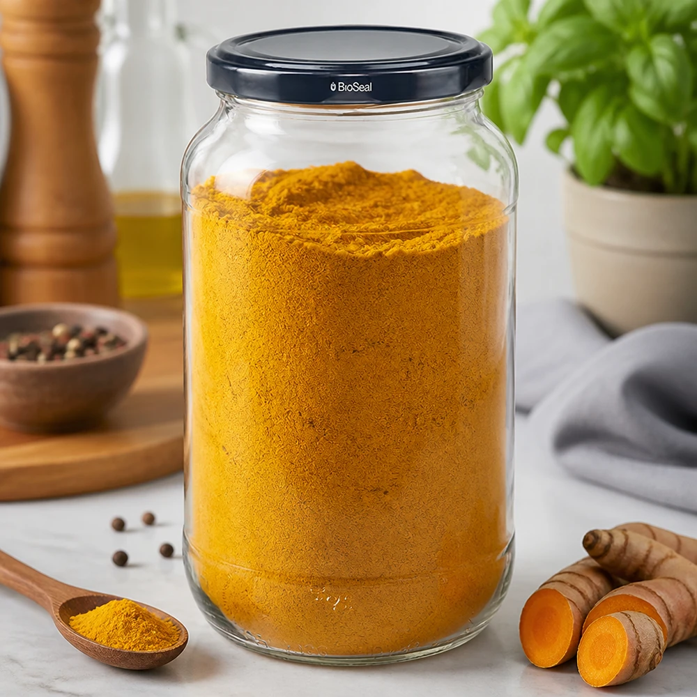 Kulatá nádoba o objemu 1062 ml s černým víkem UNiTWIST BioSeal. UNiTWIST Rundglas 1062 gefüllt mit Kurkumapulver schwarzer TO82 BioSeal Deckel Gewürzaufbewahrung Vorratsbehälter