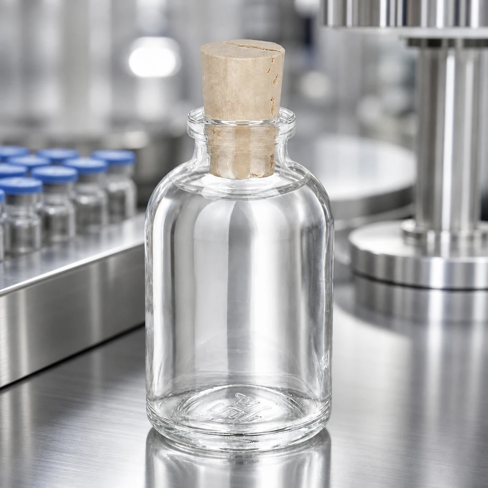 Lahvička z bezbarvého skla 50ml se zátkou 11/14mm Leere Glasflasche mit breitem Korkverschluss auf glänzender Edelstahlarbeitsplatte im Reinraum