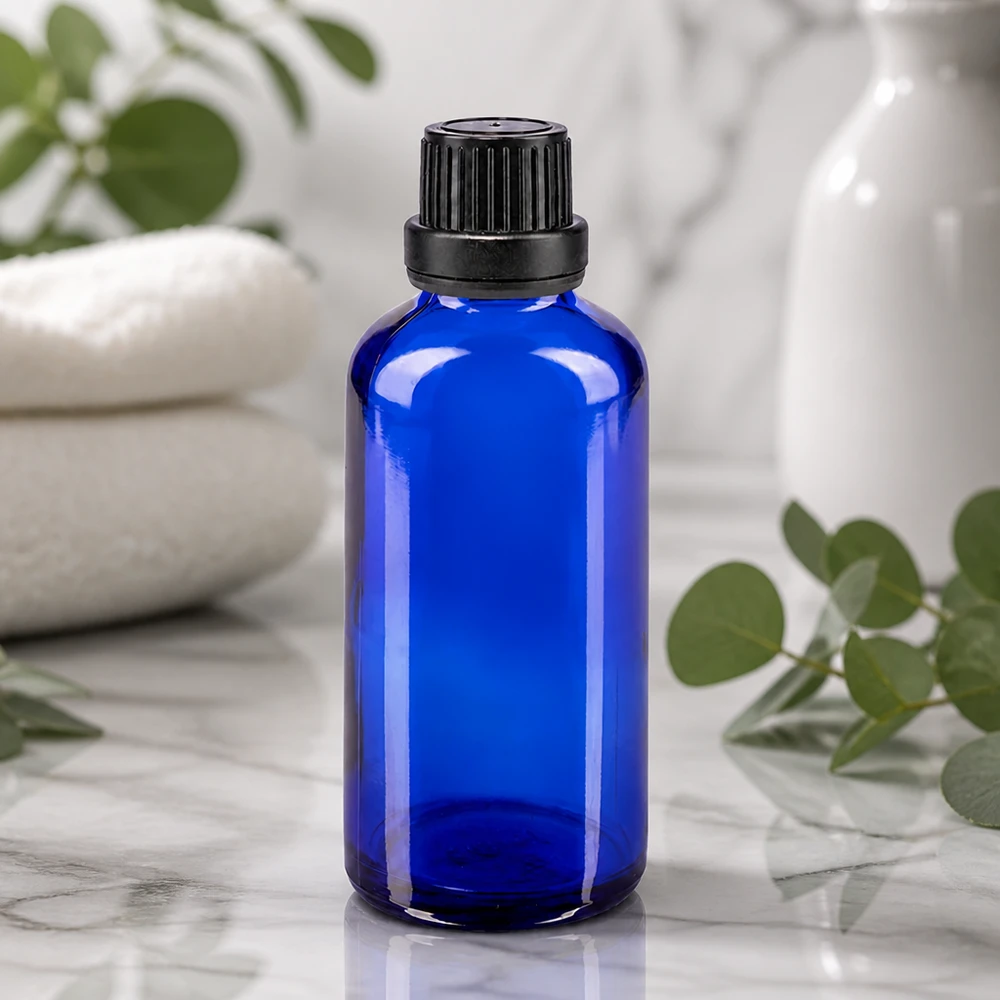 Lékárenská láhev modrá 50ml šroubovací uzávěr černá s ochranným uzávěrem proti neoprávněné manipulaci. Rundschulterflasche 50ml Blauglas mit 11mm Schraubverschluss schwarz vor Marmorhintergrund
