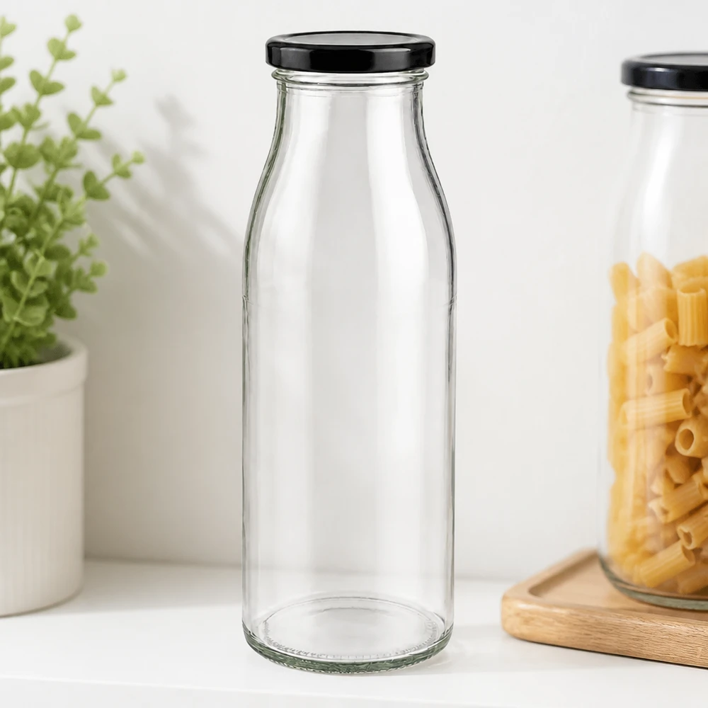 500ml skleněná láhev + víčko BasicSeal černé UNiTWIST 500ml Glasflasche transparent leer mit schwarzem BasicSeal Deckel in stylischer Kücheneinrichtung mit Pasta und Kräutern