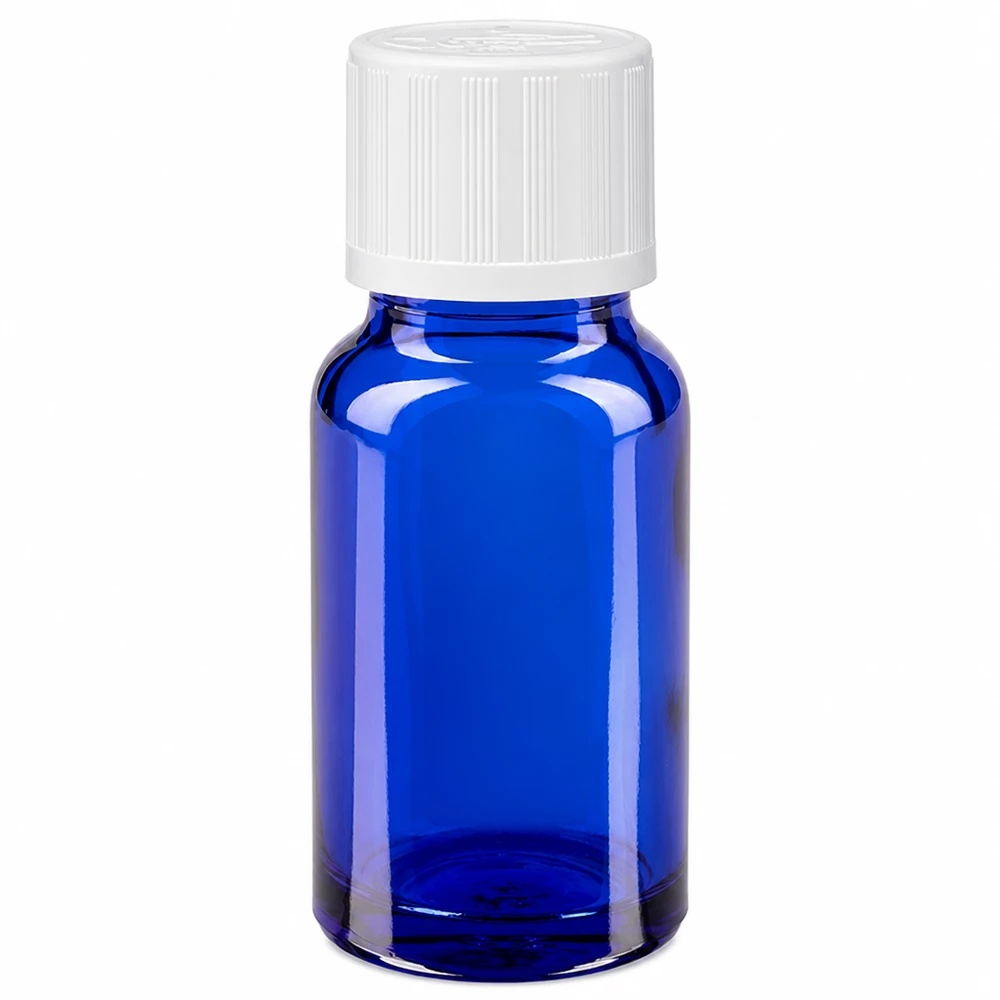 Lékárenská lahvička modrá 10ml kapátko bílý uzávěr odolný proti otevření dětmi standard. Blaue UV-Schutz Glasflasche 10ml mit weißem KiSi-Deckel für pharmazeutische Tropfen
