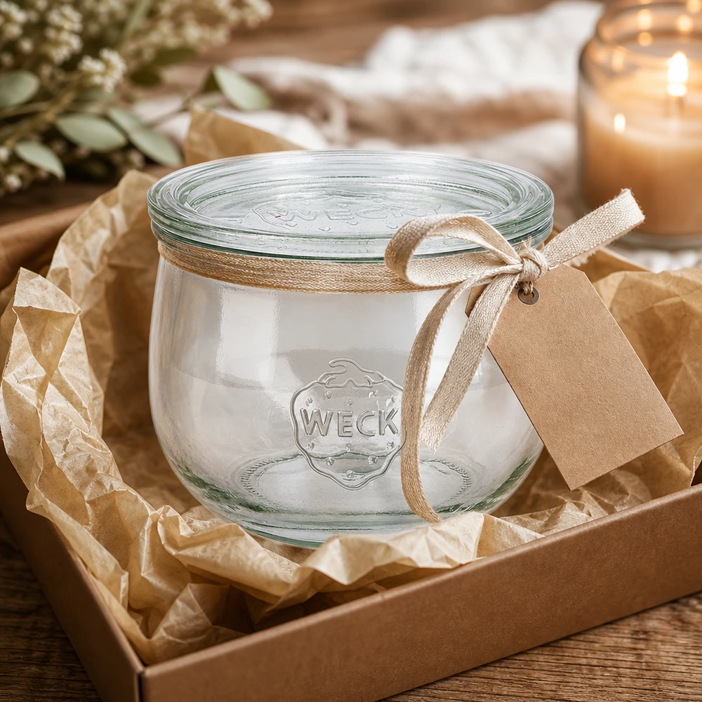 580ml tulipánová sklenice se skleněným víčkem WECK RR100 WECK Tulpenglas 580ml RR100 als Geschenkidee in Karton mit Dekoration Schleife und Anhänger präsentiert