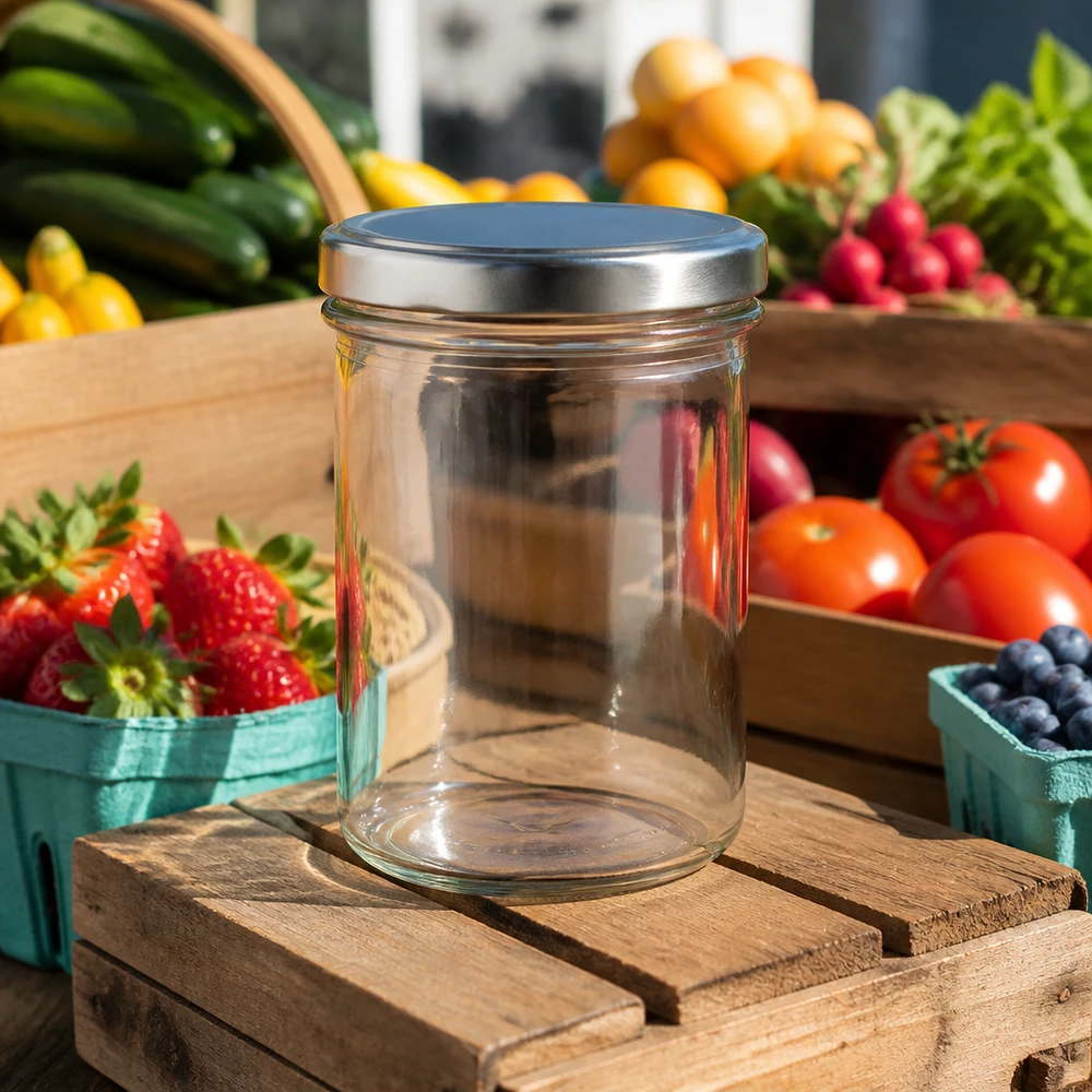 350ml Sturzglas mit silbernem Deckel in Küche umgeben von frischem Obst und Gemüse Einmachglas Vorratsbehälter
