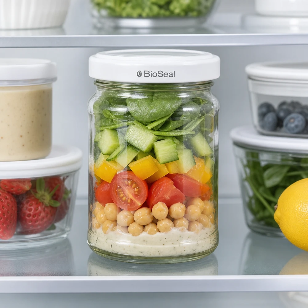 Kulatá sklenice o objemu 205 ml s víčkem BioSeal bílá UNiTWIST UNiTWIST Runda205 mit TO58 BioSeal Deckel als Meal-Prep Glas im Kühlschrank gefüllt mit Salat und Kichererbsen