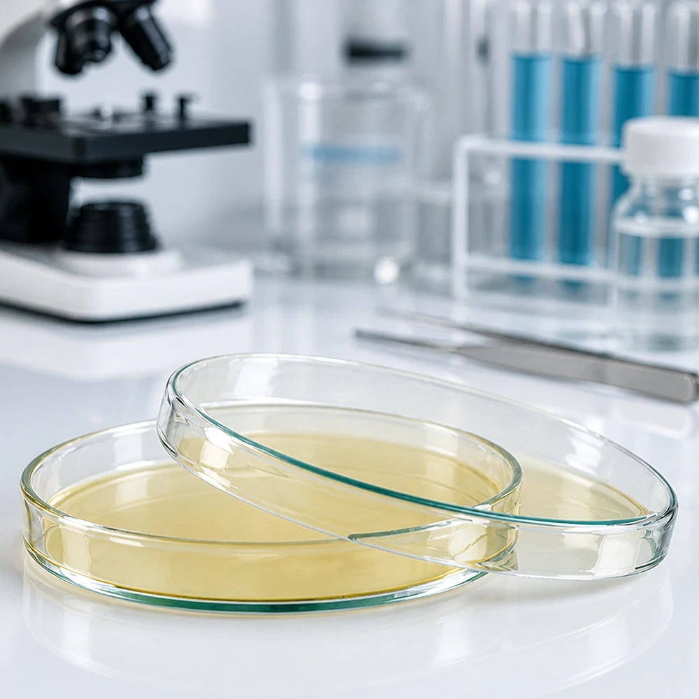 Petriho miska 120x20 mm skleněná Petrischalen aus Glas 120x20mm mit Agar auf weißer Laborfläche neben Pinzette und Reagenzgläsern