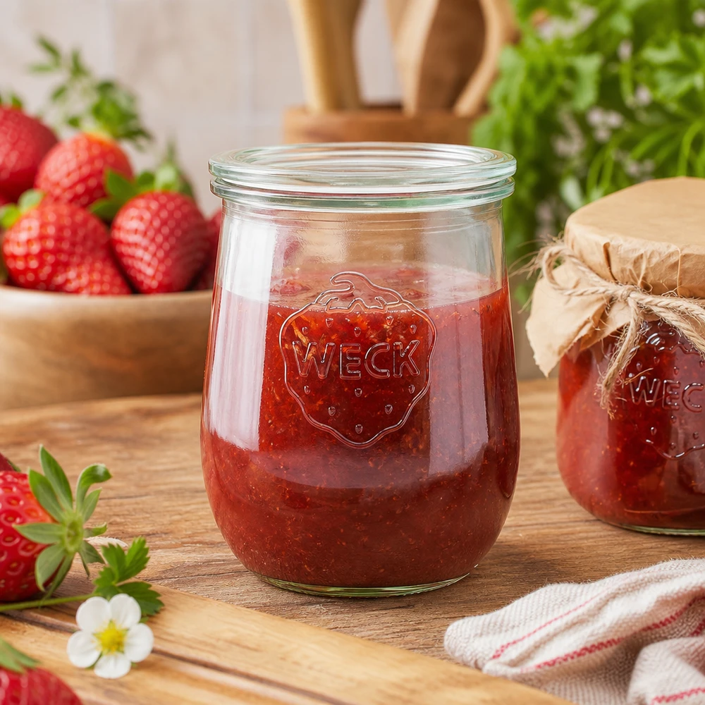 WECK Einmachglas 1062ml gefüllt mit Erdbeermarmelade auf Holzbrett neben frischen Erdbeeren und Küchenhandtuch