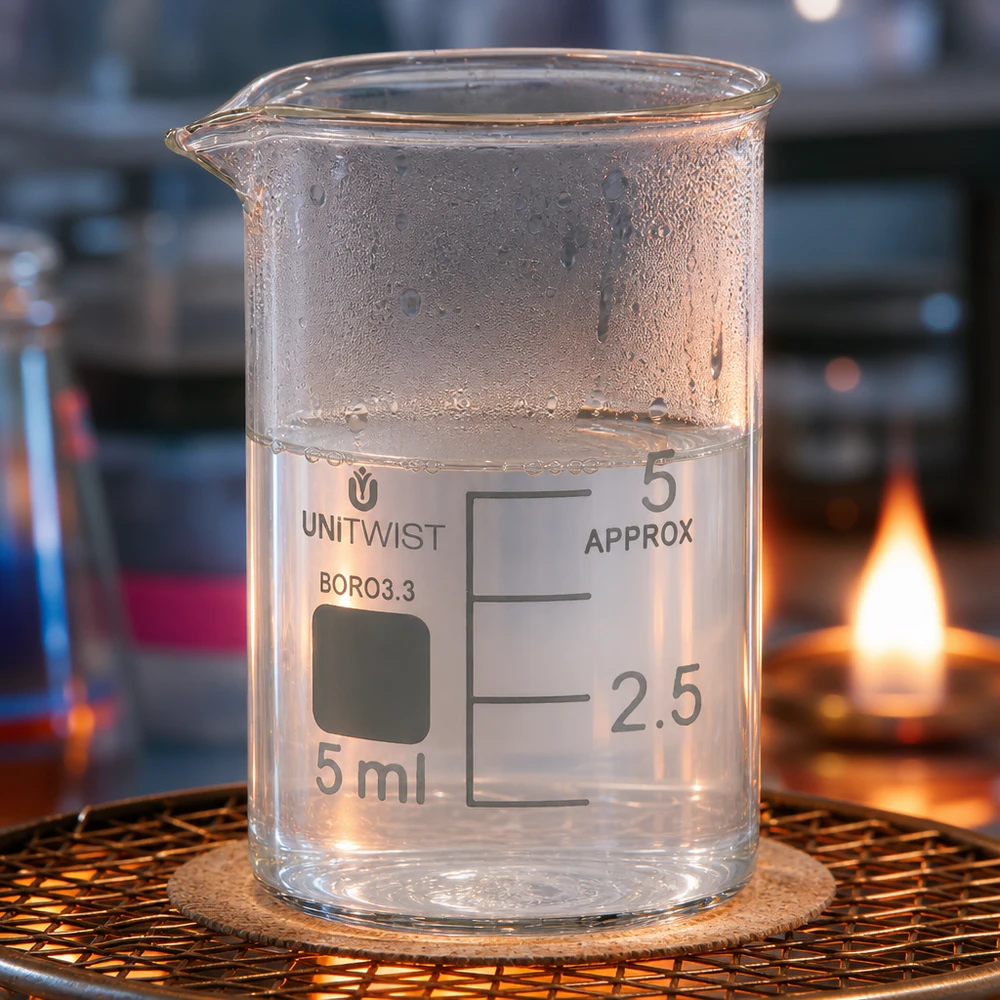 Kádinka 5ml borosilikátová, nízký tvar UNiTWIST Becherglas niedrige Form 5ml Borosilikat UNiTWIST auf Keramikfasernetz mit Flamme