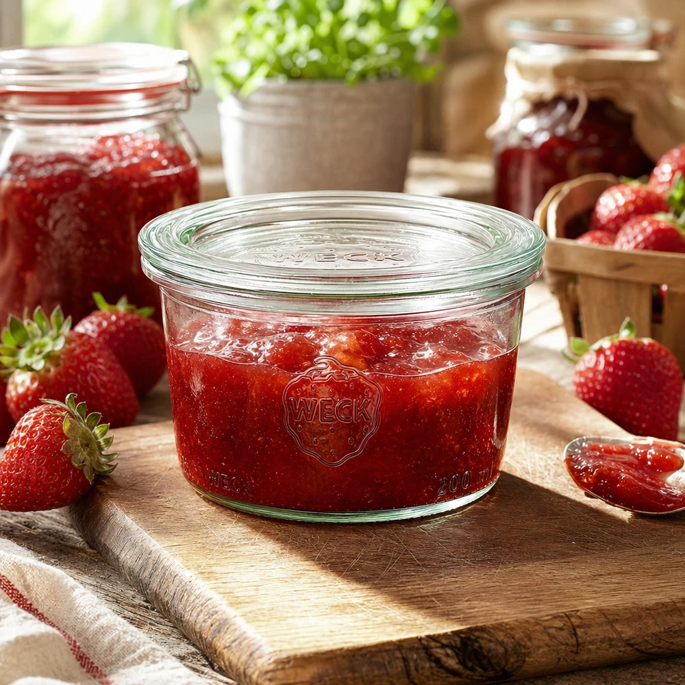 Zavařovací sklenice 200ml se skleněným víčkem WECK RR80 WECK Sturzglas 200ml RR80 mit selbstgemachter Erdbeermarmelade gefüllt auf Holzbrett mit frischen Erdbeeren