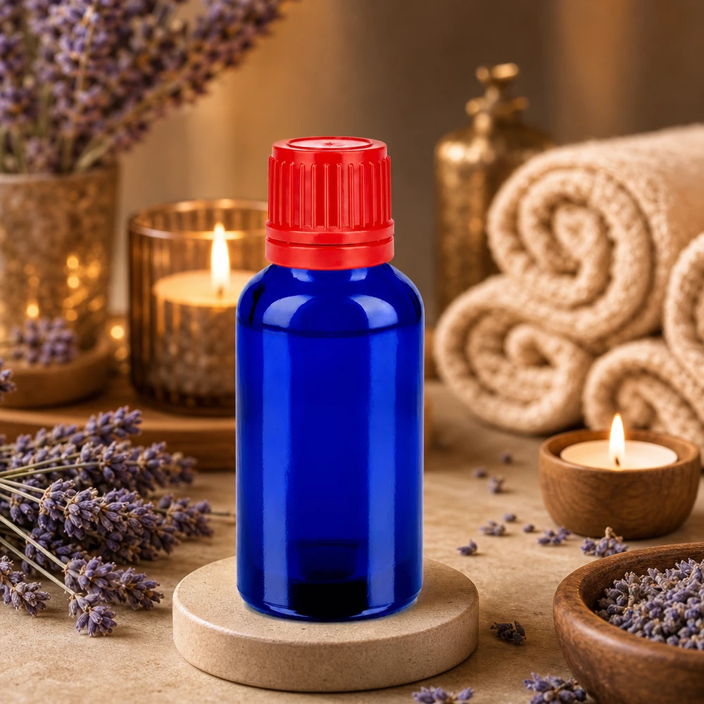 30ml láhev 11mm šroubovací uzávěr červený uzávěr s ochranou proti manipulaci BlueLine UT18/30 Kleine 30ml Essenzflasche aus UV-Schutzglas perfekt für selbstgemachte Naturkosmetik