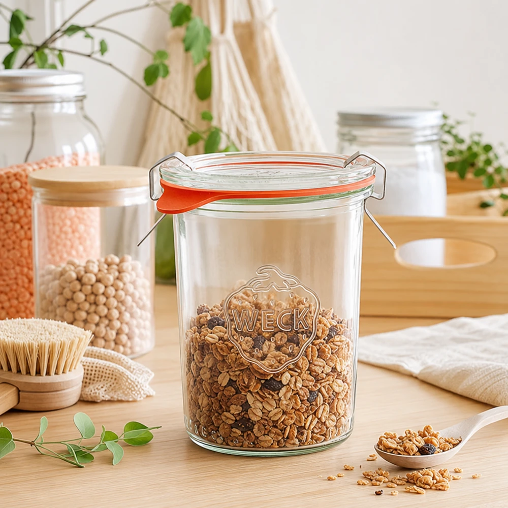 Kompletní 160ml sklenice se svěžestí WECK RR60 WECK Sturzglas 160ml RR60 mit Müsli befüllt in nachhaltiger Zero-Waste Küche für umweltfreundliche Aufbewahrung