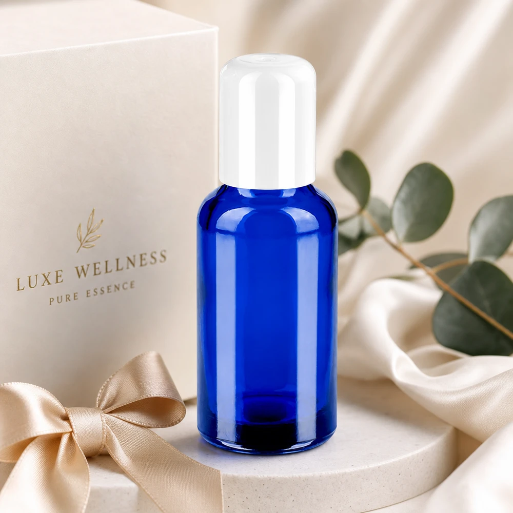 Elegante blaue 30ml Roll-On Flasche mit weißem Verschluss für professionelle Kosmetikanwendung