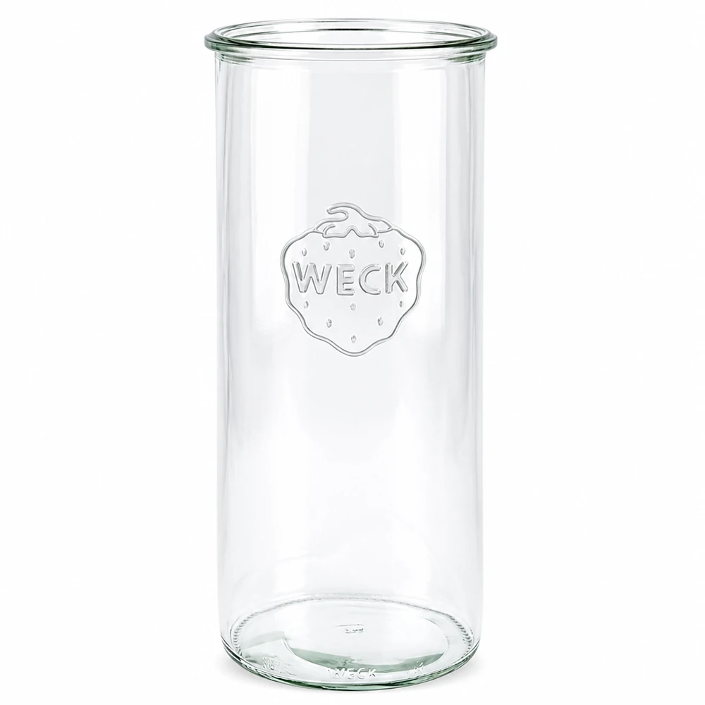 1500ml zavařovací sklenice WECK RR100 s dřevěným dřevem - 1500ml zavařovací sklenice s dřevěným dřevem WECK Sturzglas 1500ml RR100 transparent mit eingeprägtem Logo und rundem Boden für Einmachen und Vorratshaltung