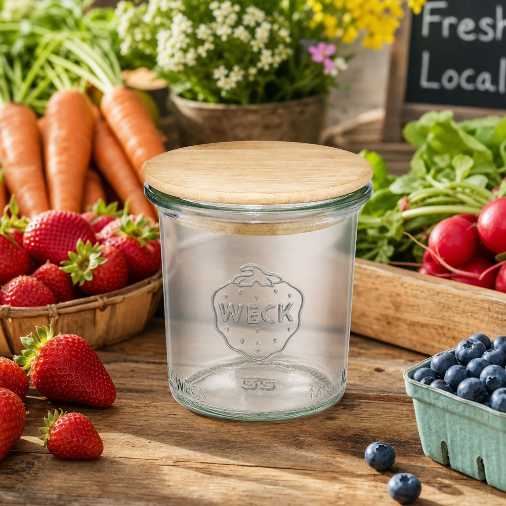 140ml tumblery WECK RR60 s dřevěným víčkem buk. WECK Sturzglas 140ml RR60 mit Holzdeckel umgeben von frischem Gemüse Obst auf Holztisch Bauernmarkt Atmosphäre