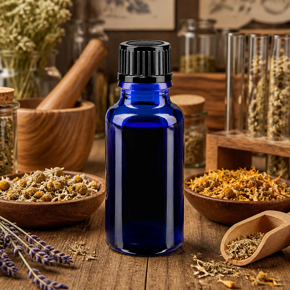 Lékárenská lahvička modrá 20ml kapací uzávěr standardní černý 1mm Blaue Tropferdosiererflasche 20ml ApoGlas neben getrockneten Heilkräutern und Lavendel