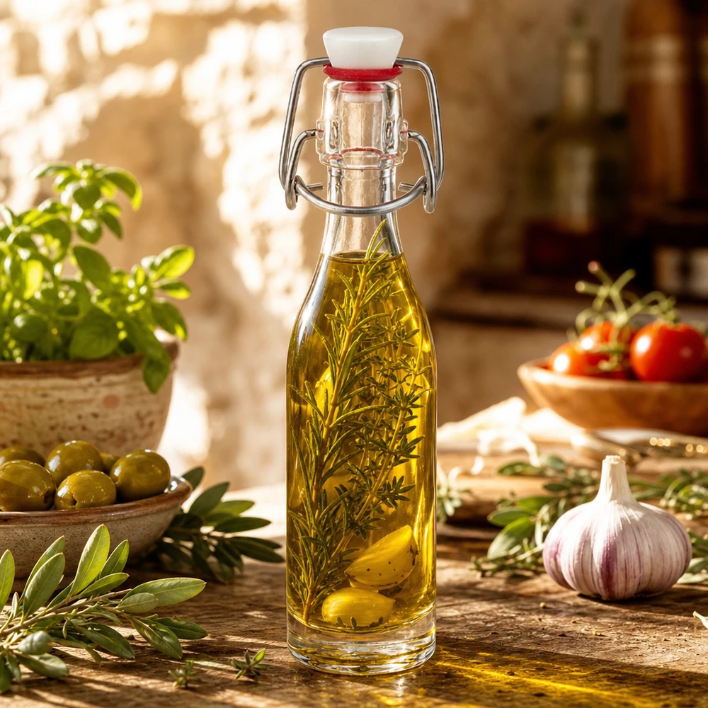 Skleněná láhev o objemu 50 ml + výkyvný vršek z PVC UNiTWIST. 50ml Glasflasche mit Bügelverschluss gefüllt mit Kräuteröl neben Oliven Knoblauch und frischen Kräutern
