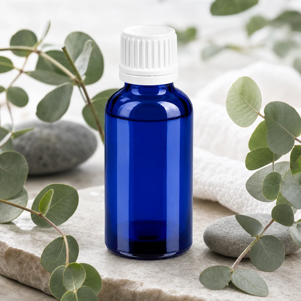 30ml láhev 11mm šroubovací uzávěr bílý uzávěr s ochranou proti manipulaci BlueLine UT18/30 Präzise 30ml Dosierflasche aus blauem Glas mit weißem Verschluss für exakte Portionierung