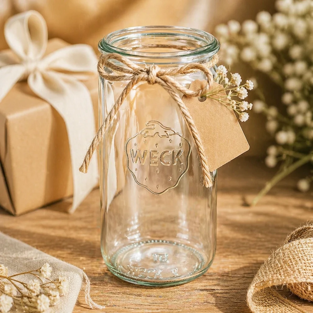 340ml válcová sklenice WECK RR60 s dřevěným dřevem - 340ml válcová sklenice s dřevěným dřevem WECK Zylinderglas 340ml RR60 als Geschenk dekoriert mit Juteschnur und Anhänger in rustikaler Dekoszene
