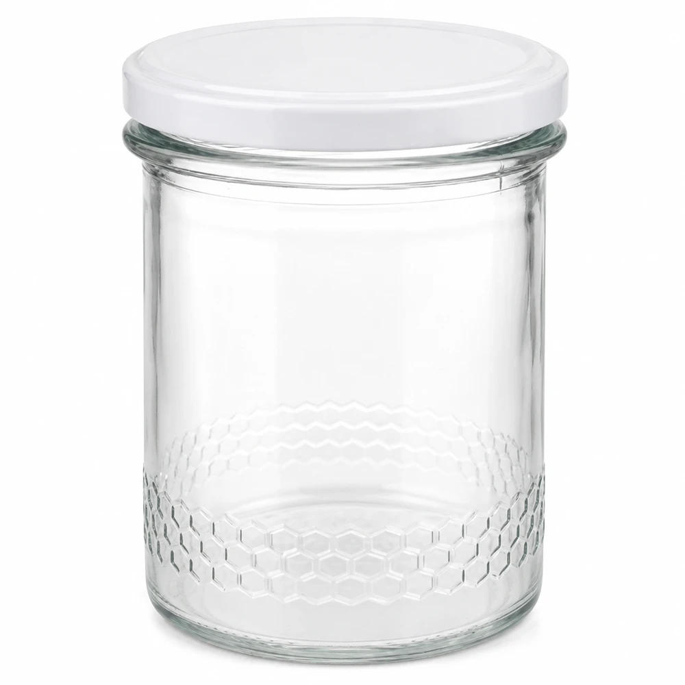 400ml Honigglas mit weißem BasicSeal Deckel UNiTWIST System transparentes Glas mit Wabenmuster am Boden
