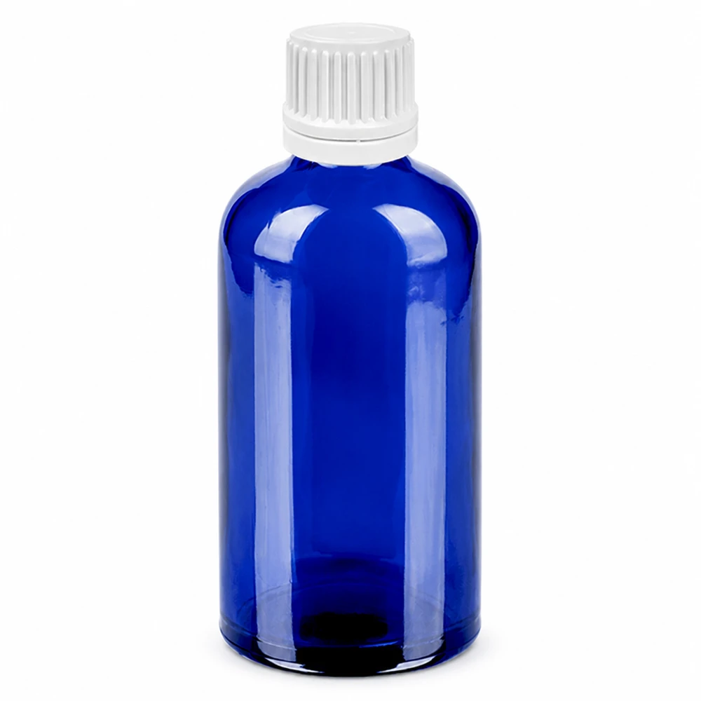 100ml lahvička s kapátkem 0,7 mm s bílým uzávěrem BlueLine UT18/100 Kompakte 100ml Tropfflasche in Blau mit weißem Deckel ideal für Labor und Pharmazie
