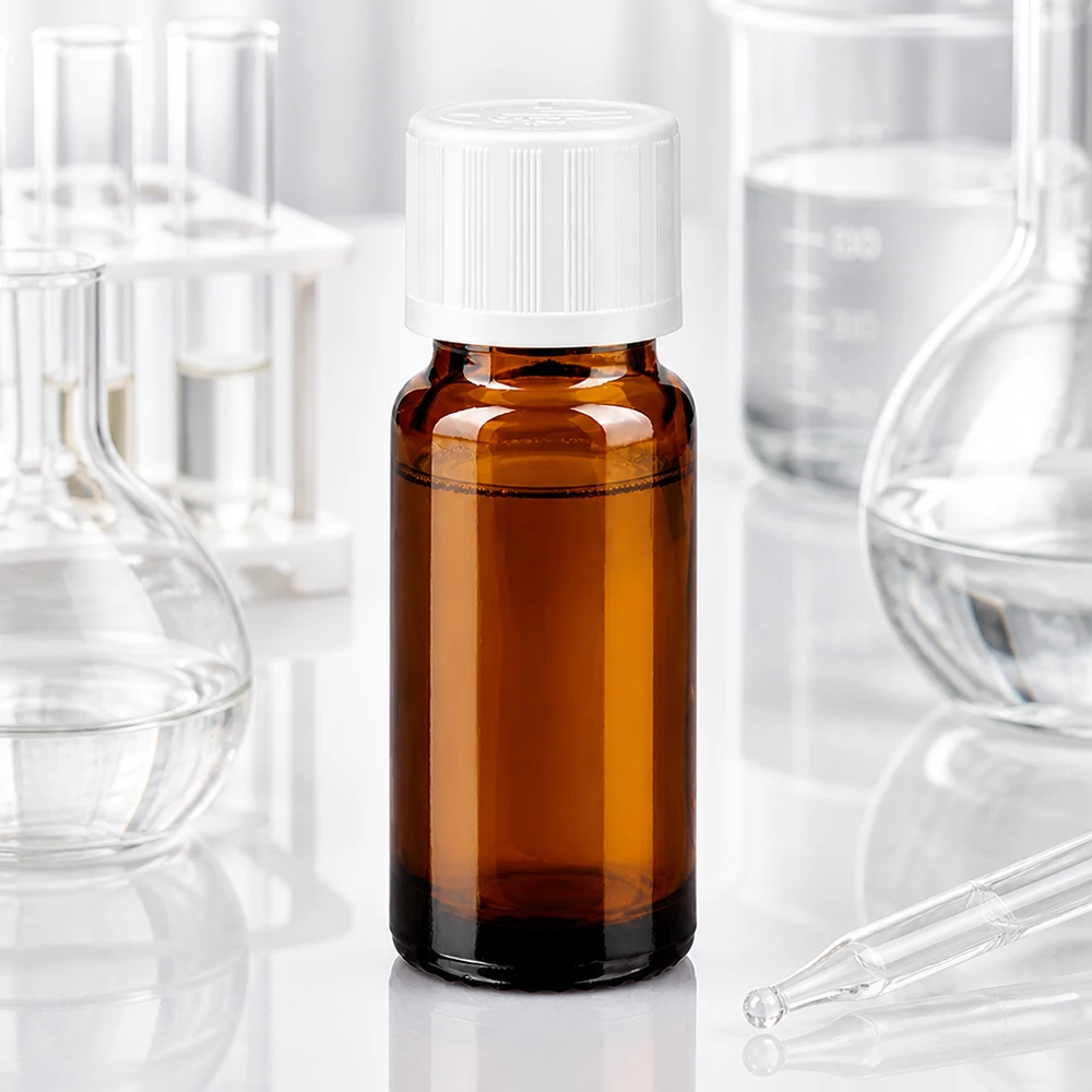 Laborgerechte Braunglas-Tropfflasche 10ml mit weißem KiSi-Verschluss und kindersicherem Aufsatz