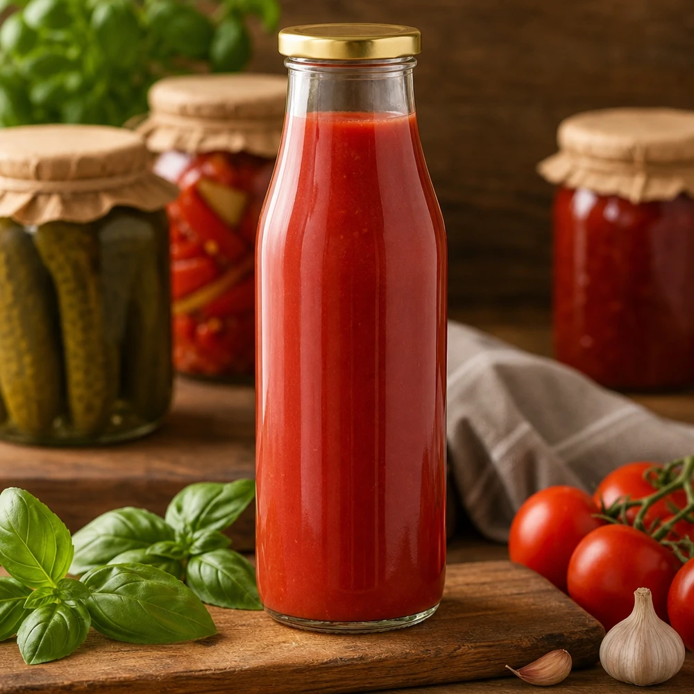 500ml skleněná láhev + víčko BasicSeal zlaté UNiTWIST 500ml Glasflasche mit Tomatensaft gefüllt zeigt praktische Verwendung für hausgemachte Säfte und Konserven