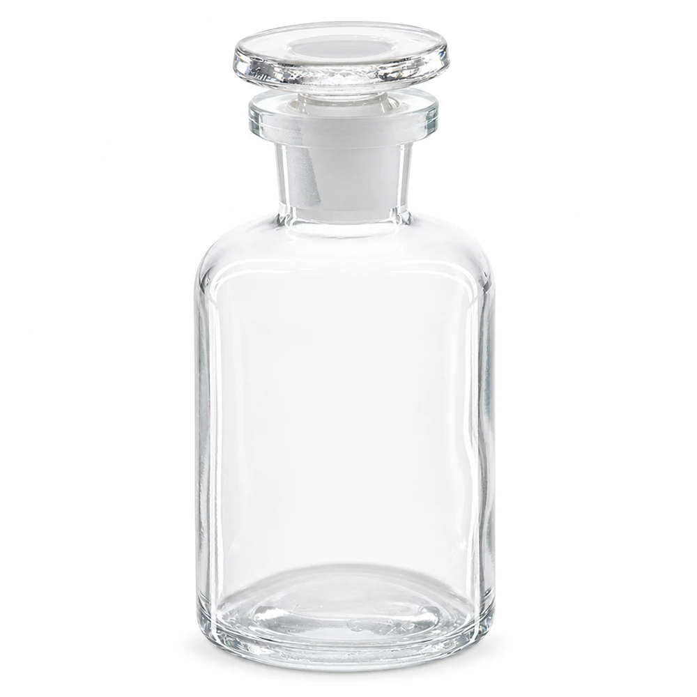 Kulatá lahvička s raménkem 50 ml čirá skleněná zátka s úzkým hrdlem Kleine Glasflasche mit Stopfen 50ml klar Enghals Rundschulter für Chemikalien