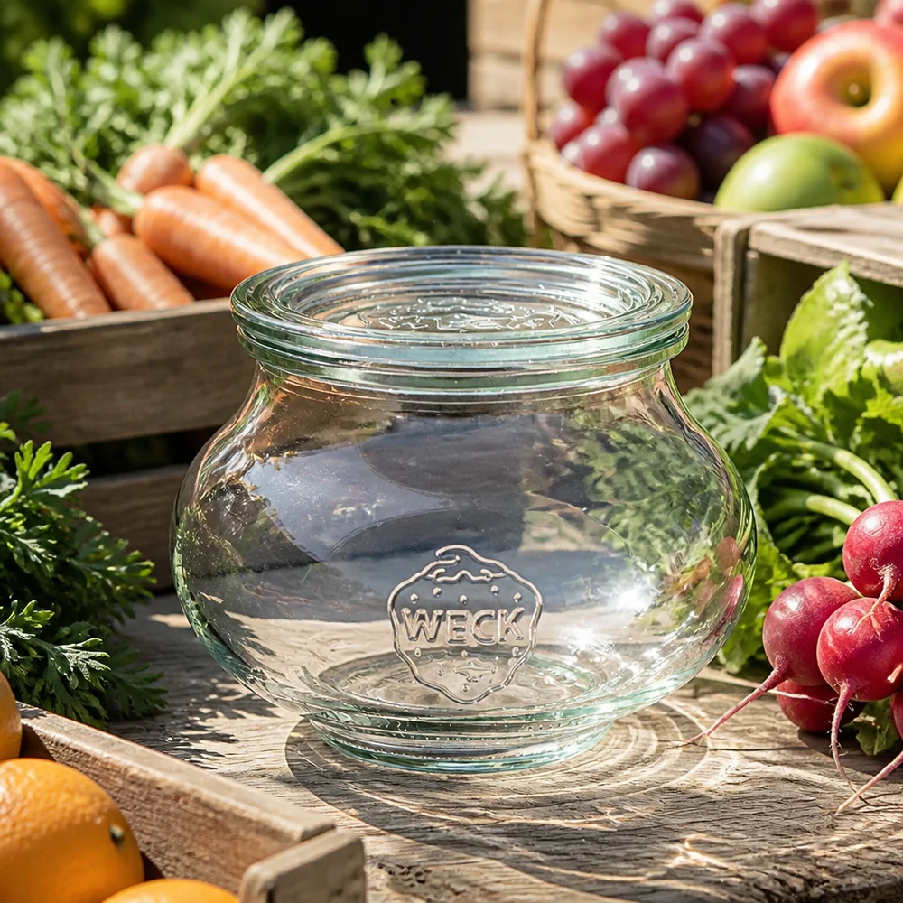 560ml dekorativní zavařovací sklenice se skleněným víčkem WECK RR80 WECK Schmuckglas 560ml RR80 mit transparentem Glasdeckel zwischen frischem Gemüse Karotten Radieschen und Obst